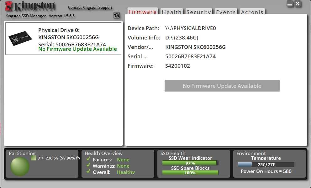 SSD Kingston KC600 256GB SATA III – 97% Health – Testat – 562 MB/s