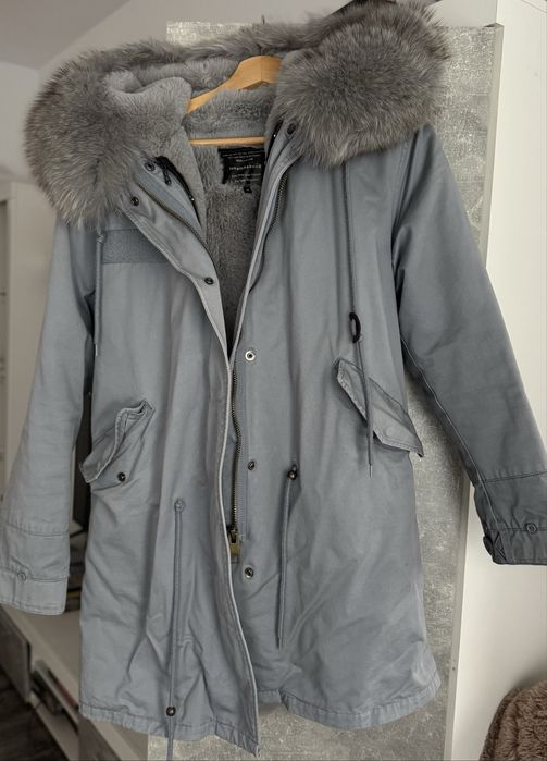 Parka gri blue albastru fox fur