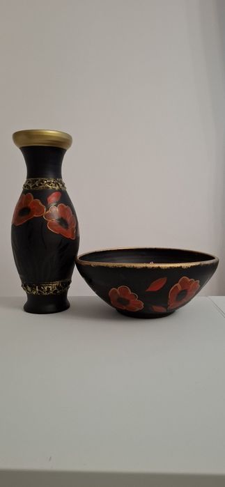 Set vază + fructieră ceramică neagră