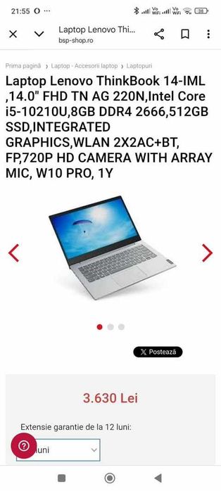 Laptop Lenovo Thinkbook 14-IML, I5 gen10, 8Gb Ram, ssd 256!Ușor,superb