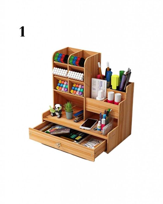 Дървен органайзер за бюро с чекмедже и многосекционно съхранение
