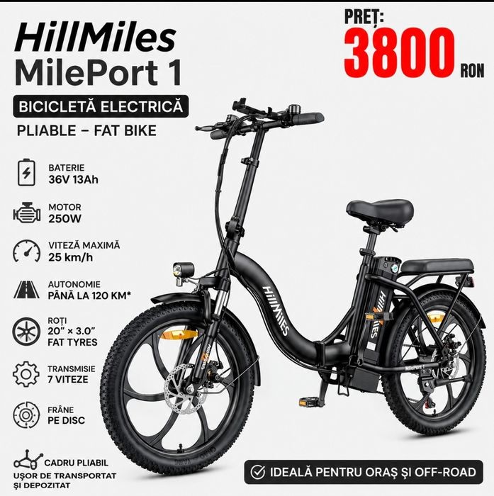 Bicicletă electrică HillMiles MilePort – Pliabilă