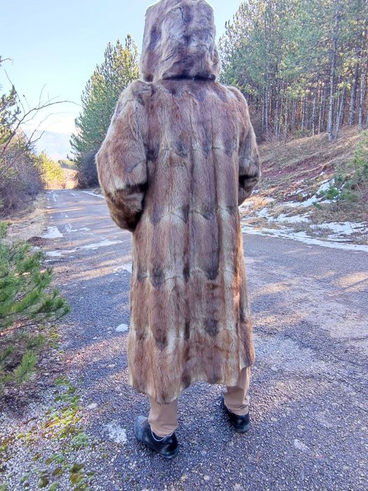 Дълго кожено палто с качулка УНИСЕКС размер М/L