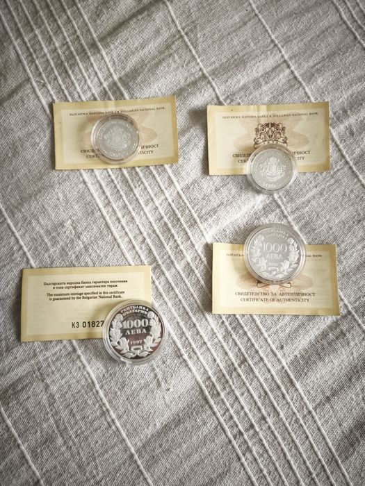 Сребърни монети, юбилейни, комплект 4 броя със сертификати