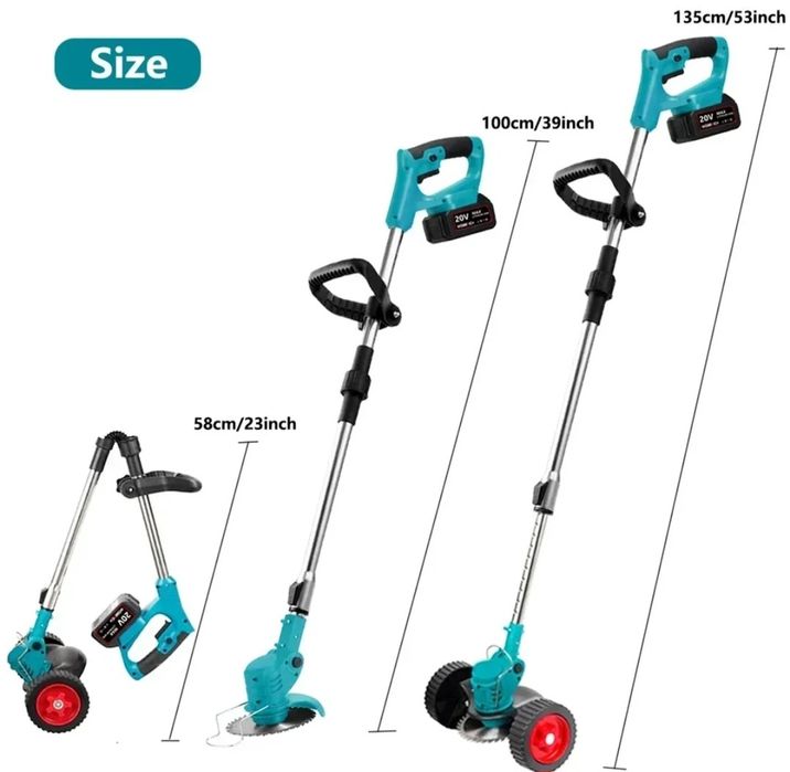 Акумулаторен тример за трева-храсторез с добавени колела и 2 батерии