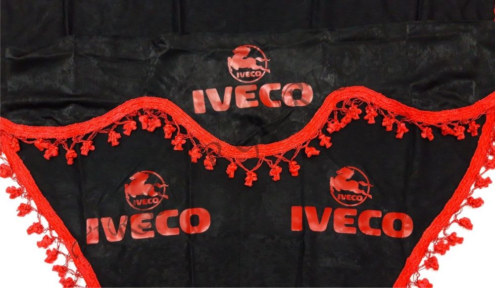 Черни пердета с червени пискюли и лого за камиони