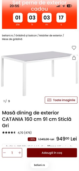 Vand masa  metalica cu sticla 90 x 160
