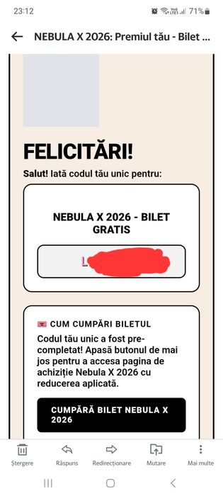 Vând cod intrare gratis la nebula X 2026