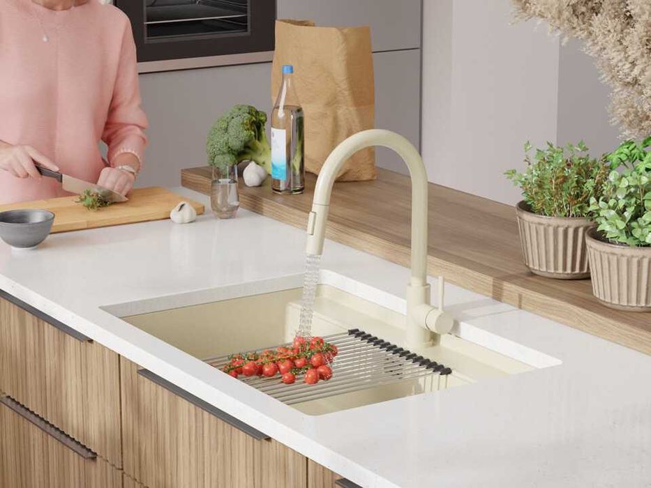 Бежова кухненска мивка за вграждане под плот Берген 80 Low 760x530 мм