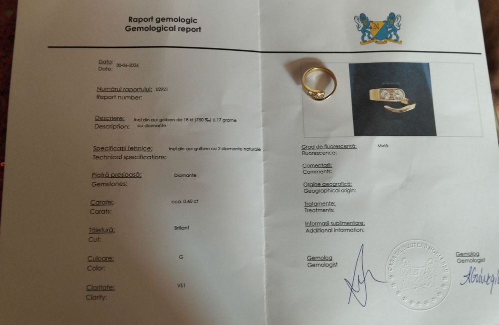 Vând inel din aur galben,18kcu două diamante naturale.Cerrificat gemolic.Pret 1600euro.