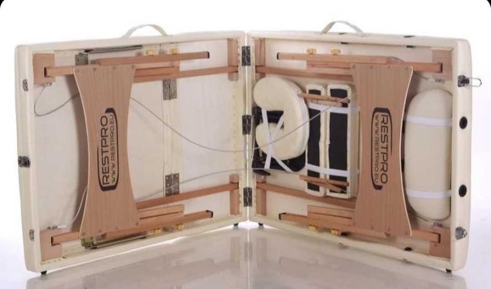 трисекторна козметична масажна кушетка дървена бяла крем масажно легло