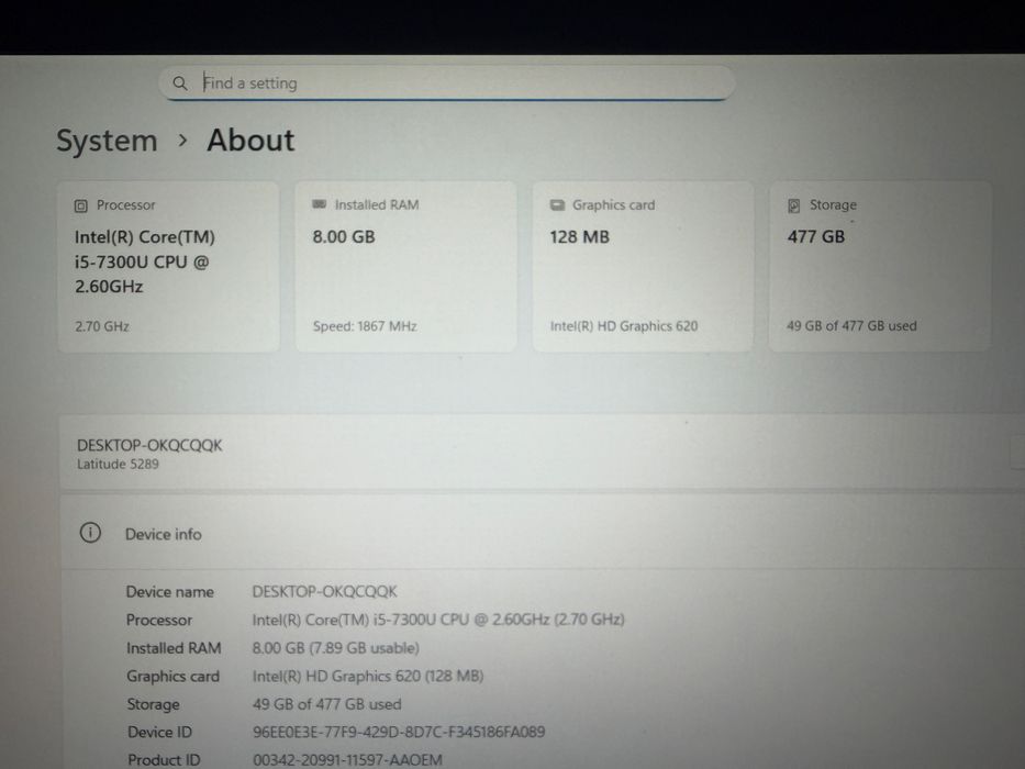 Laptop Dell Lattitude 5289 Intel i5 7300U ;  8 Gb ram   ;ecran touch screen