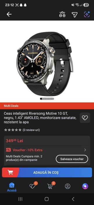 Ceas inteligent Riversong Motive 10 GT, negru, 1.43" AMOLED, monitorizare sanatate, rezistent la apa