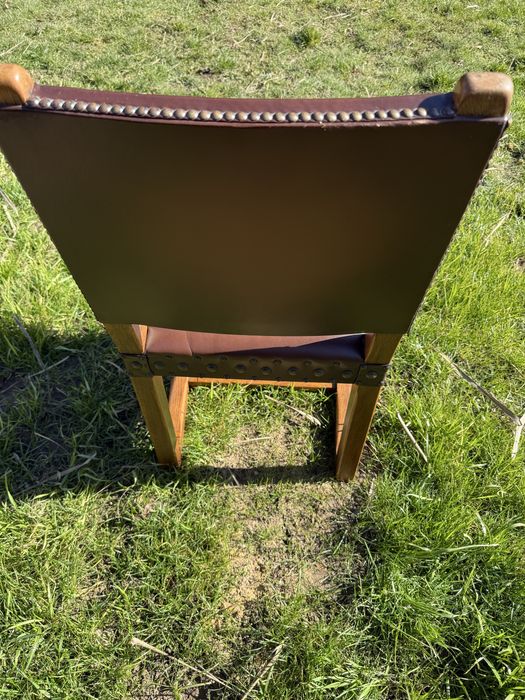 Scaun vintage birou din lemn masiv si piele naturala