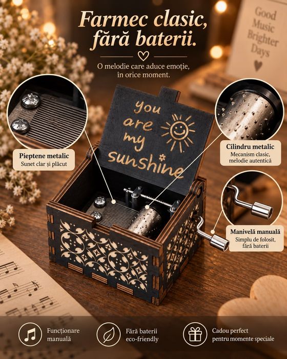 Cutiuță Muzicală „You Are My Sunshine” cu Manivelă – Cadou de Colecție 14+