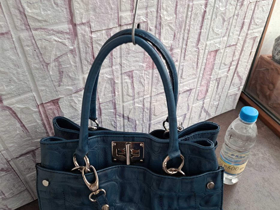 дамска чанта,кожена синя чанта-естествена кожа