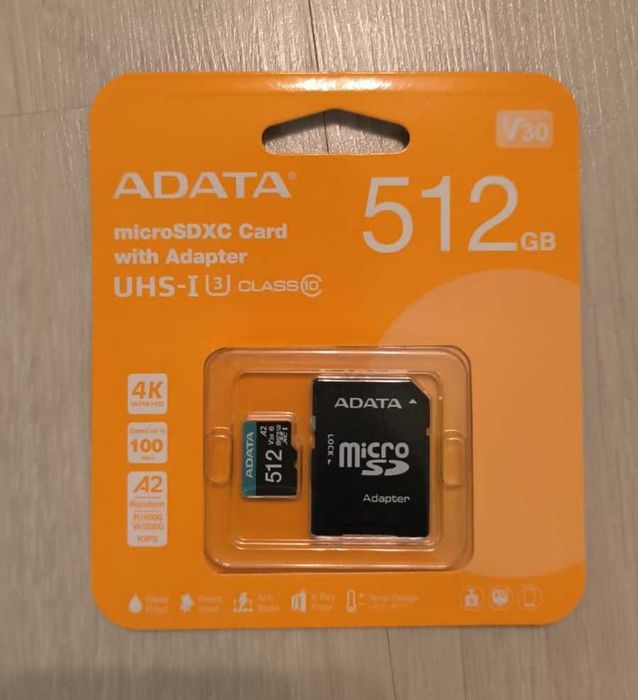 Card de Memorie microSDXC ADATA 512GB 100MB/s 4K A2 V30 + Adaptor SD Sigilat / NOU