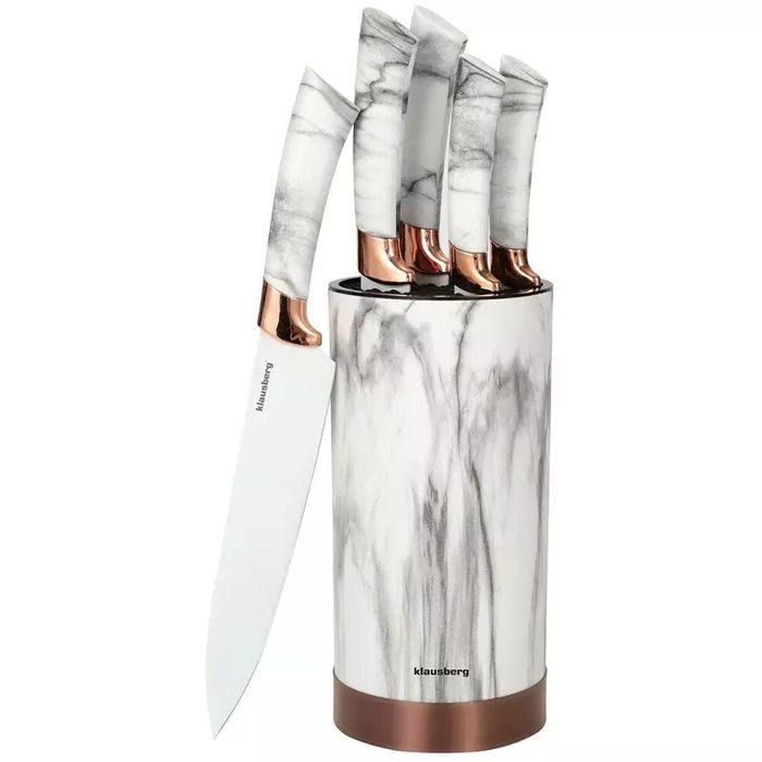 Set cutite din inox cu suport, 6 elemente, alb cu model maro, Kinghoff