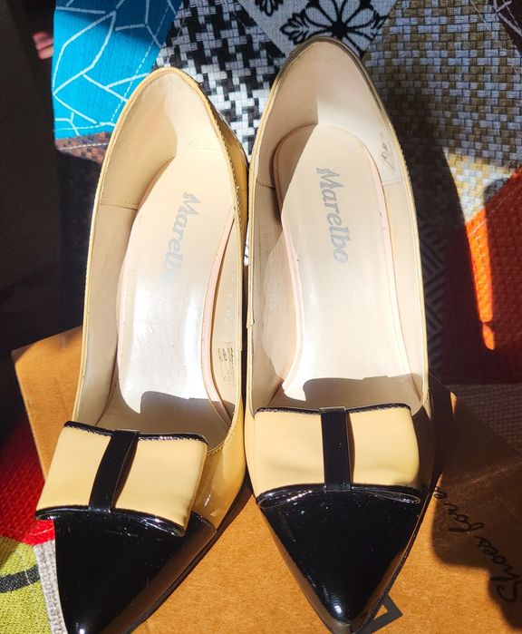 Pantofi eleganți damă din piele lac marca Marelbo– crem & negru – mări