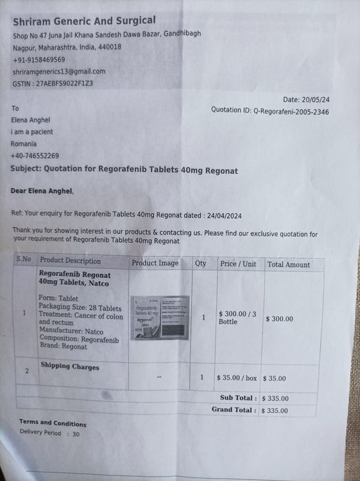 Vând Regorafenib 40 mg