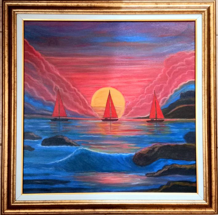 PEISAJ MARIN CU BARCI, pictat manual pe pânză 50x50cm