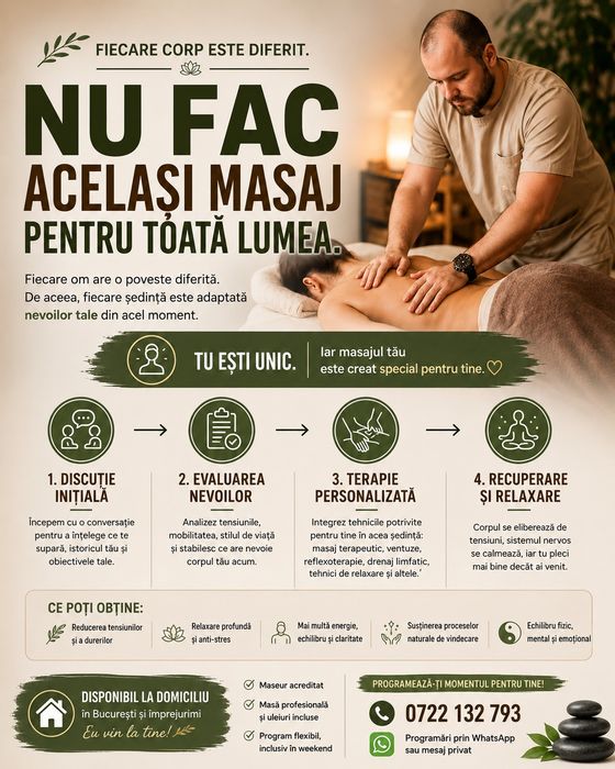 Masaj Profesional la Domiciliu - Maseur cu Diplomă Atestată de Stat - Fără Servicii Sexuale