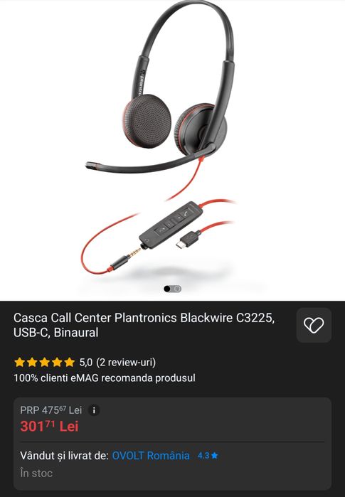Căști Call Center Plantronics Blackwire C3225 – Conexiune Jack 3.5m
