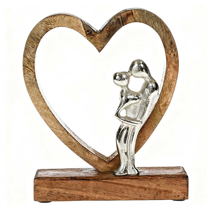 Decoratiune de masa din lemn inima cu figurina cuplu imbratisat 18x22