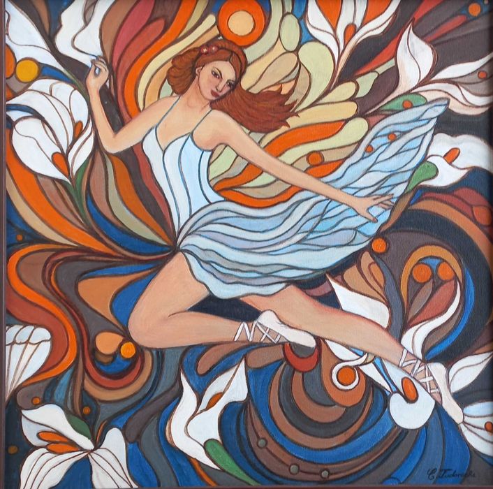 Tablou pictat manual pe pana BALERINA, 50x50 cm, rama din lemn