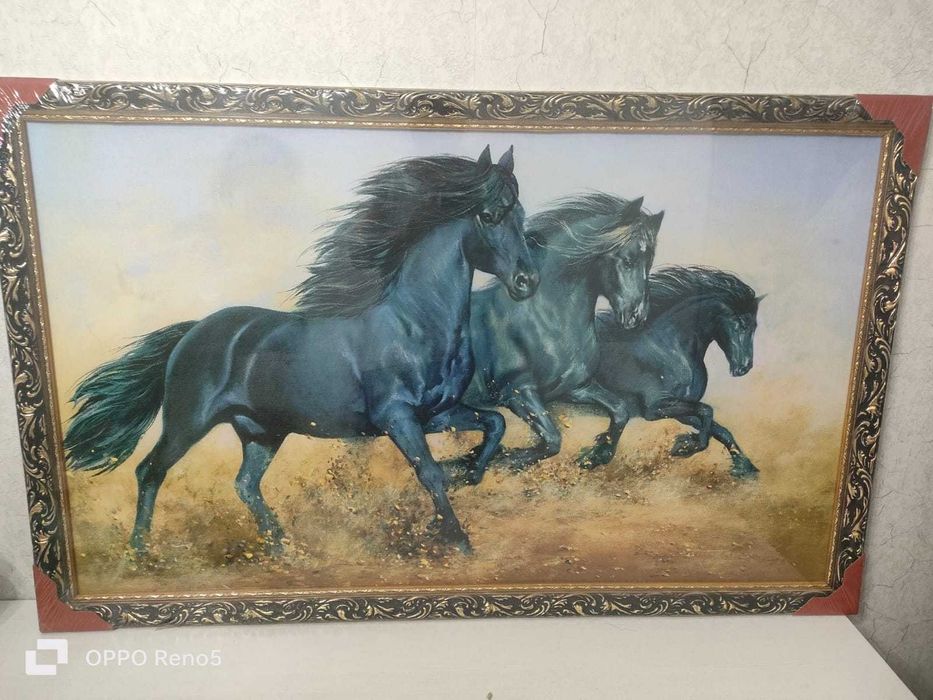 Картина  "Три вороных коня" 107х67 см.