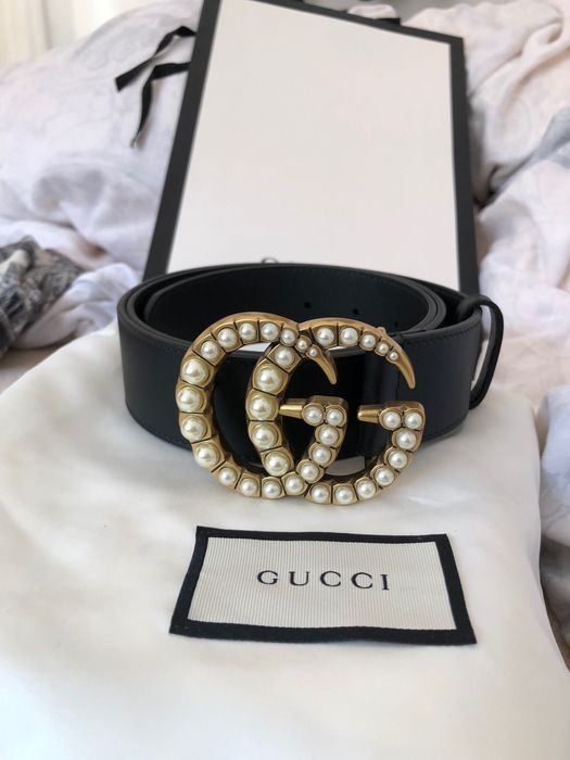 Curea originala Gucci Black Leather Belt With Pearl Double G Buckle