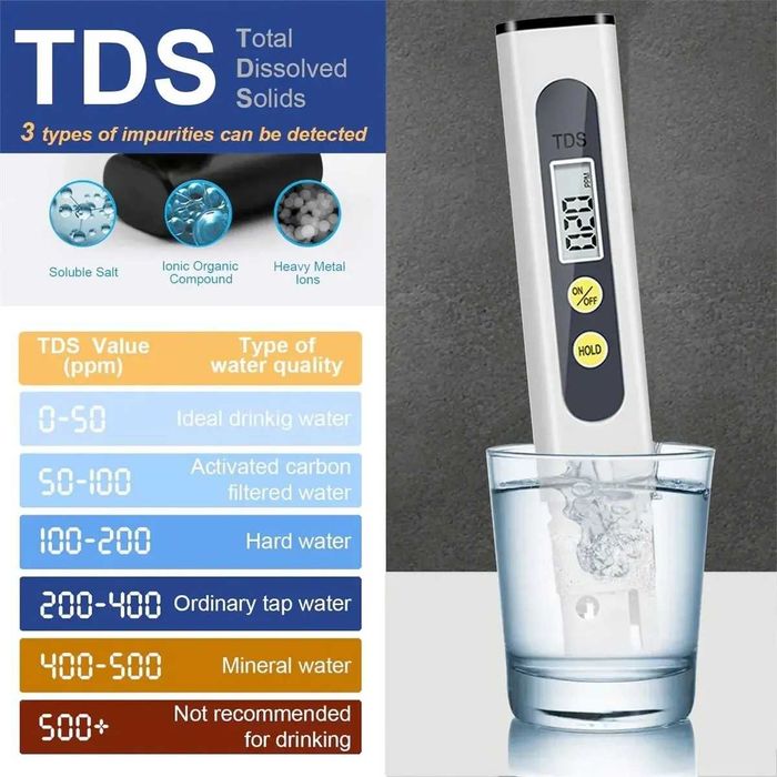 Цифров тестер за качество на водата 4 в 1 с измерване на TDS, EC и температура.