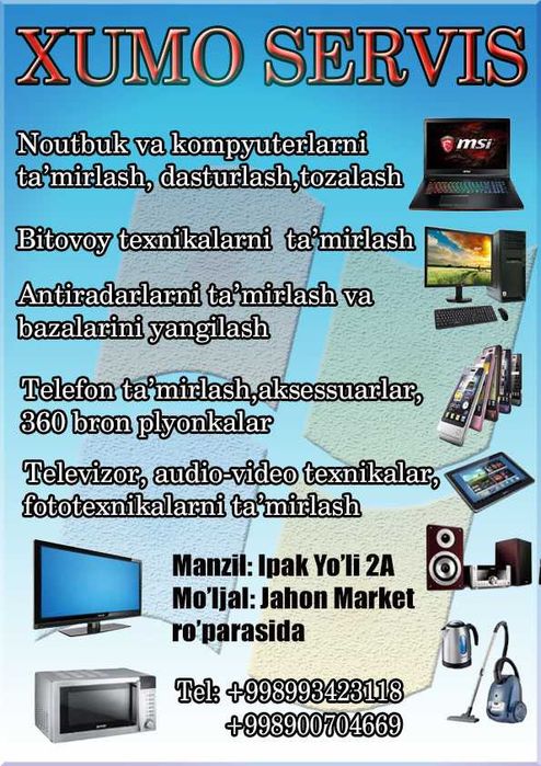 Kompyuter, noutbuk va bitovoy texnikalarni ta'mirlash