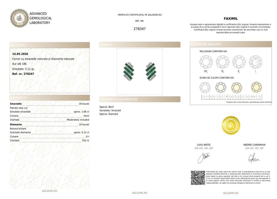 Cercei aur 18k smaralde diamante certificat