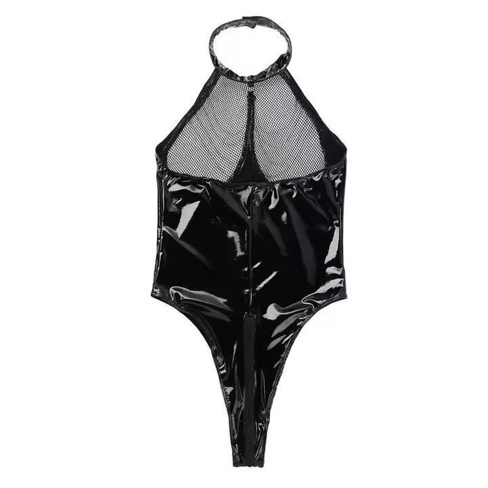 Costum seductive din latex cu fermoar si lanturi, negru lucios, set pentru femei, S, M, L