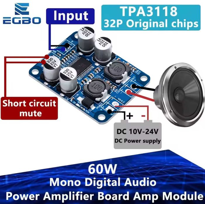 DC 12V-24V TPA3118 60W Mono Digital Audio Power Amplifier Board Amp Module