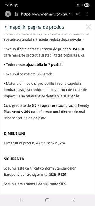 Scaun auto cu isofix, rotativ 360°, poziție somn, de la 0-36 kg