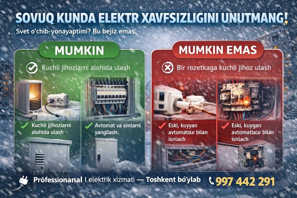 Sifatli Elektrik xizmatlari. Toshkent boʻylab xizmat koʻrsatamiz.