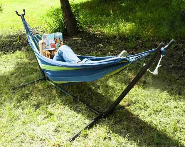 Хамак на стойка стоманена с чанта градински хамаци 200х150см двоен хамак за двама до 200кг