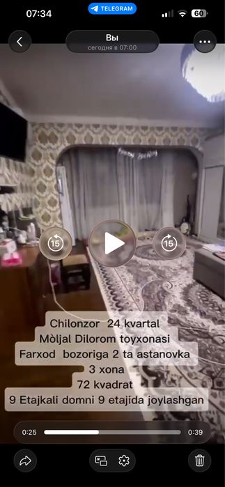 Chilonzor 24 kv 3/9/9/ 72 kvli uy Sotiladi