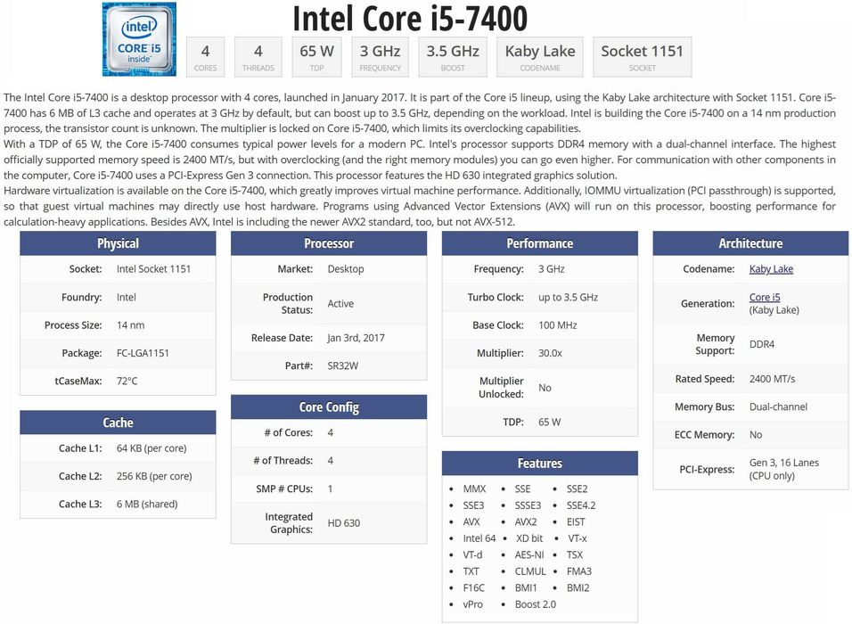 Процесор CPU Intel i5 7400 3.00 до 3.50GHz 65W LGA 1151