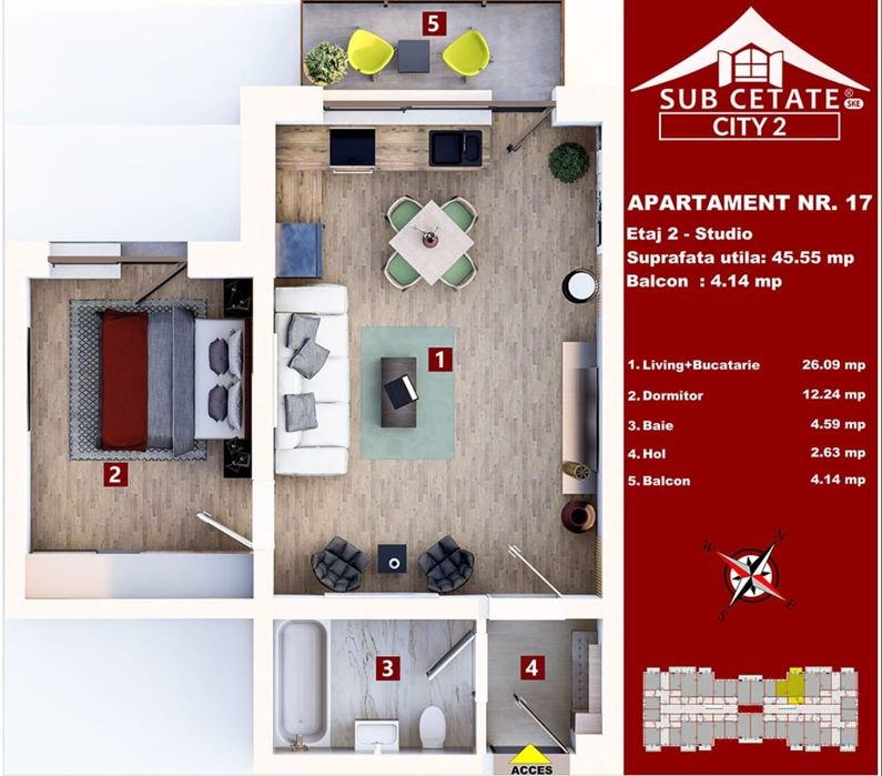 Apartament tip studio de închiriat mobilat și utilat