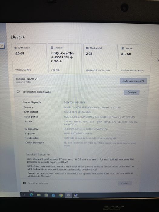 Laptop Acer i7 6gen 16g 256g m2 640g RTX950 17 FHD