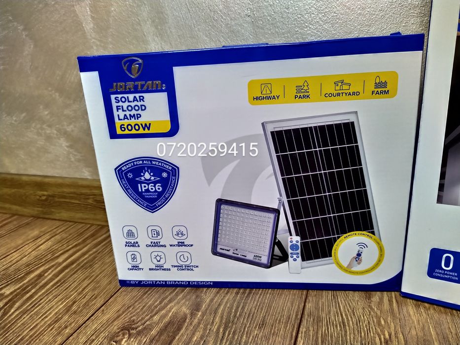 Proiector + Panou Solar Fotovoltaic Jortan 600W, Suport, Telecomanda
