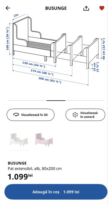 Pat Ikea BUSUNGE pentru copii 80x200 AJUSTABIL + saltea Jysk