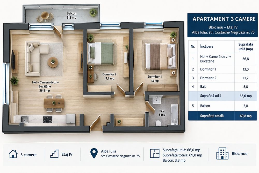 Apartament cu 3 camere