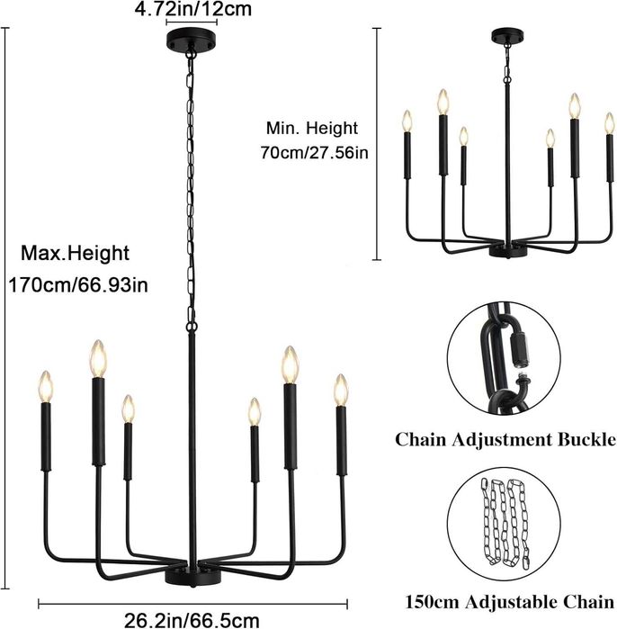 Candelabru modern, Wtuoing, lustra 6 brate, E14, negru
