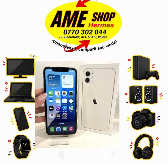 iPhone 11, 64GB/ White, sănătate baterie: 100%, schimbată!