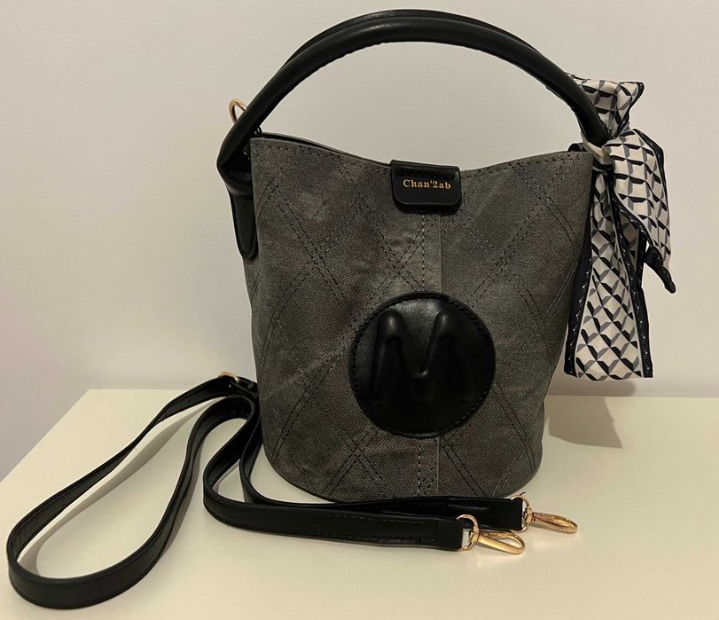 Дамска чанта сива с дълга и къса дръжки изкуствена кожа