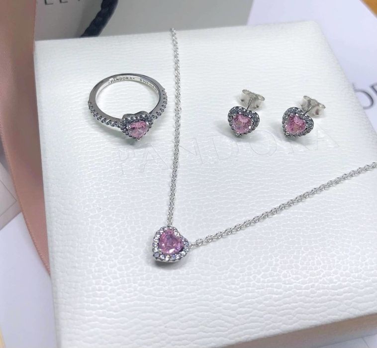 Set Pandora argint 925 inima roz rose gold cercei colier inel cutie